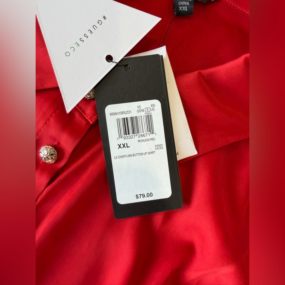 GUESS LS Cherlin Button Up Shirt XXL Reckless Red Gold Buttons NWT - Picture 6 of 7